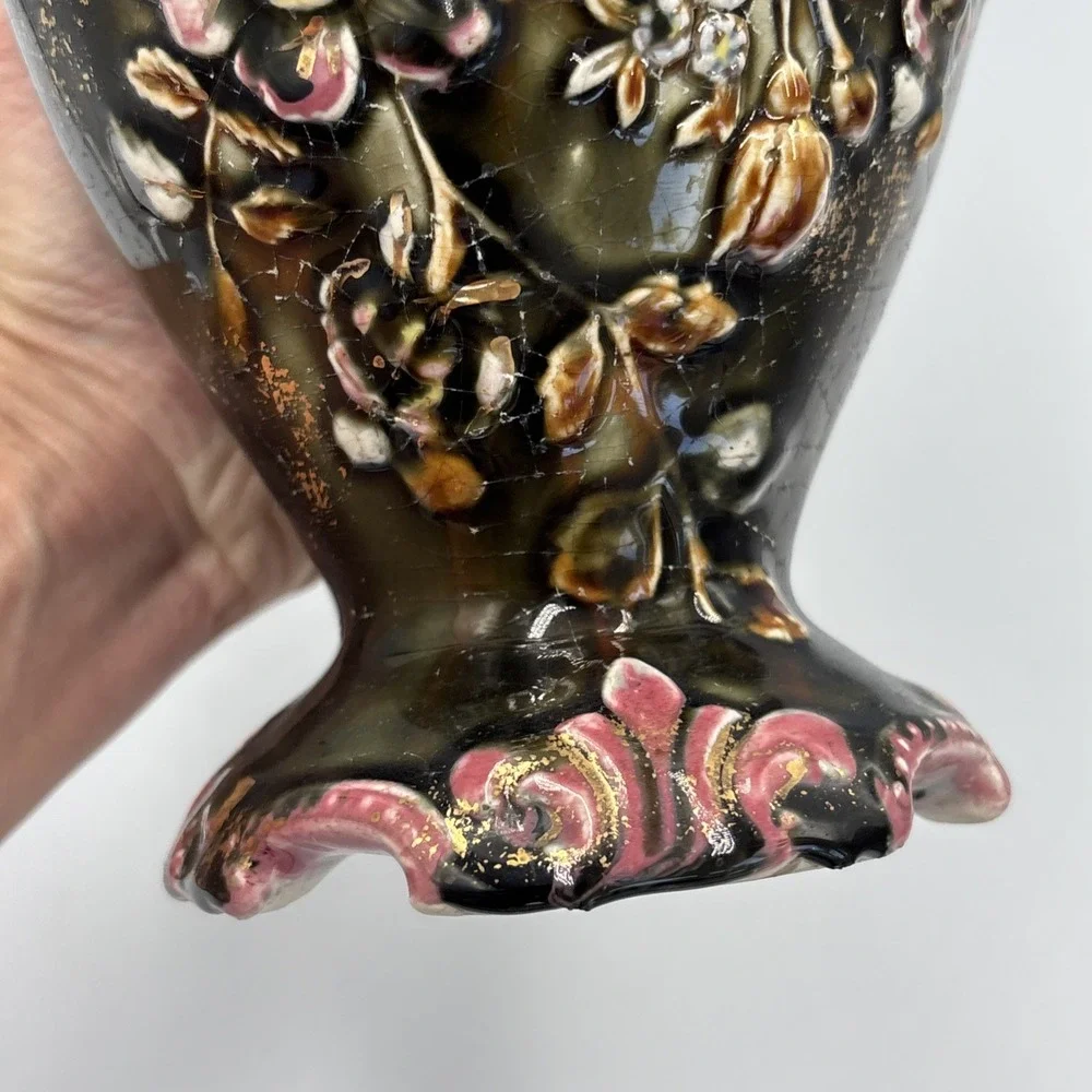 19th Century Eastern European Majolica Vase Raised Flowers 10
